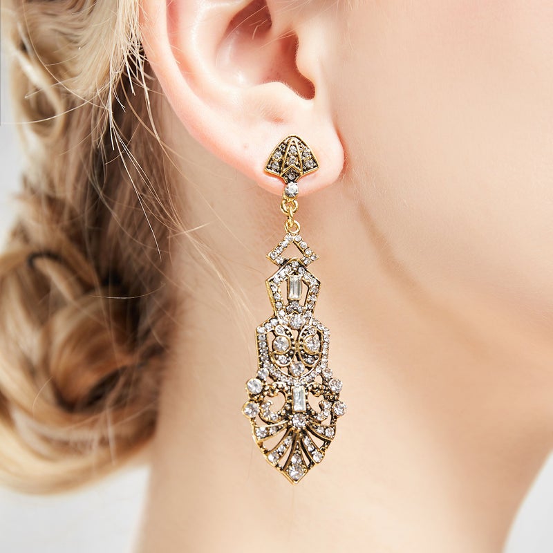 Coucoland 1920s Flapper Earrings Roaring 20s Great Gatsby Rhinestone Earrings (Stly2-Gold) - Image 4